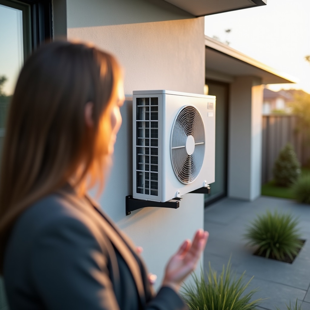 Sistem pompă de căldură exterior instalat lângă clădire modernă